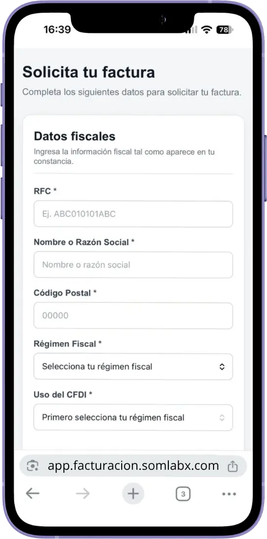 Formulario de solicitud de factura de Taxion en un teléfono móvil